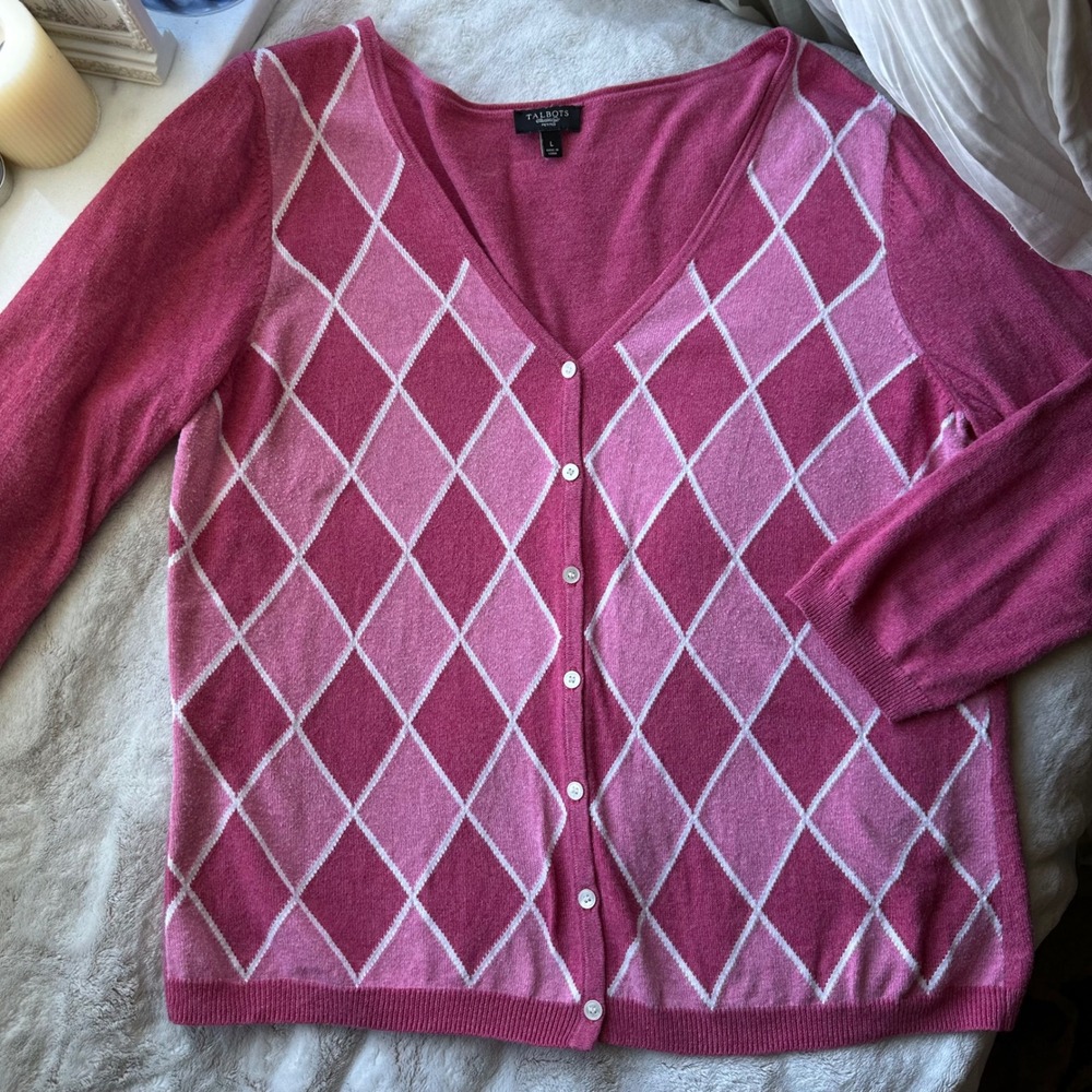 Pink Argyle Cotton Silk Blend Cardigan Button Up